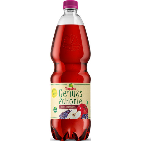 Eine Flasche Teinacher Mineralwasser Genuss-Schorle Apfel-Johannisbeere PET 1L, eine natürliche Apfel-Johannisbeer-Saftschorle mit lila Verschluss.