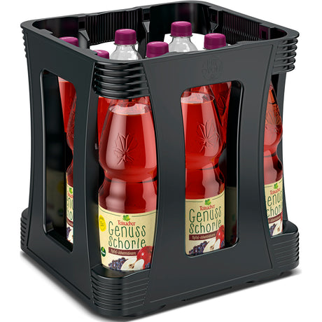 Eine schwarze Kiste enthält neun 1-Liter-Flaschen der Teinacher Genuss-Schorle Apfel-Johannisbeere PET von Teinacher Mineralwasser, einer roten Fruchtsaftschorle.