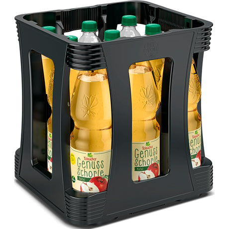 Neun 1-Liter-Flaschen Teinacher Genuss-Schorle Apfel in der Kiste, hergestellt mit erfrischendem Teinacher Mineralwasser.