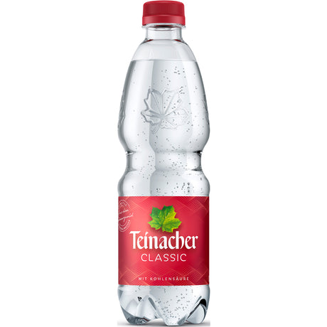 Teinacher Mineralwasser Classic PET 20x0,5L (EINWEG) mit rotem Etikett und Deckel, mit grünem Blattmotiv.