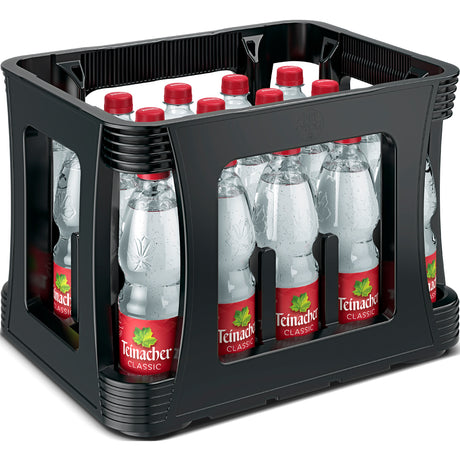 Eine schwarze Kiste enthält zwanzig 0,5-Liter-Flaschen Teinacher Mineralwasser Classic (PET, Einweg), jede mit dem unverwechselbaren roten Etikett und Verschluss der Marke.