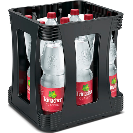 Neun Flaschen Teinacher Mineralwasser Classic à 1 Liter in einer Einweg-Kiste aus PET.