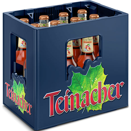 Eine blaue Kiste Teinacher Mineralwasser's Genuss-Eistee Pfirsich 12x 0,33L (MEHRWEG), mit grünem Blatt-Logo und natürlich erfrischendem Schwarztee Eistee mit natürlichem Pfirsichgeschmack auf der Seite.
