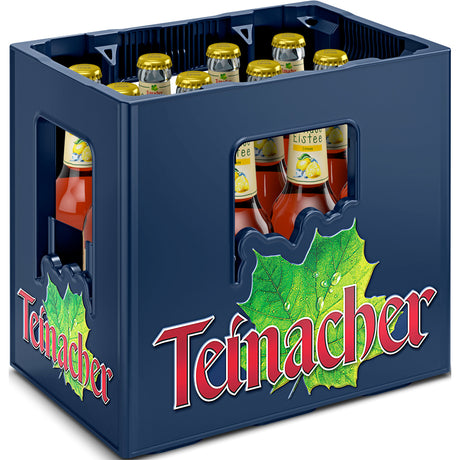 Eine blaue Kiste Teinacher Mineralwasser mit 12 Flaschen Genuss-Eistee Zitrone (0,33 l, MEHRWEG), mit gelben Verschlüssen und grünem Blattlogo an der Seite.