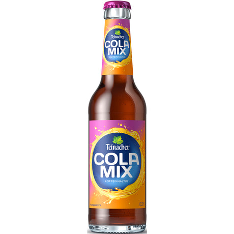 Eine 0,33-L-Glasflasche Teinacher Genuss Limo Cola-Mix von Teinacher Mineralwasser mit orangefarbenem und violettem Etikett ist auf weißem Hintergrund abgebildet.