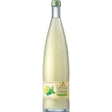 Eine Klarglasflasche Teinacher Genuss-Limo Limette-Minze (12x 0,75L MEHRWEG) von Teinacher Mineralwasser trägt ein Etikett mit Zitronen- und Minzmotiven.
