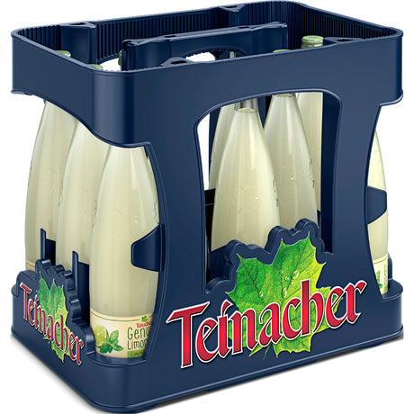 Eine blaue Kiste enthält zwölf 0,75-Liter-Glasflaschen der Teinacher Genuss-Limo Limette-Minze (Mehrweg) mit grüner Blattgrafik und dem erfrischenden Geschmack des Teinacher Mineralwassers.
