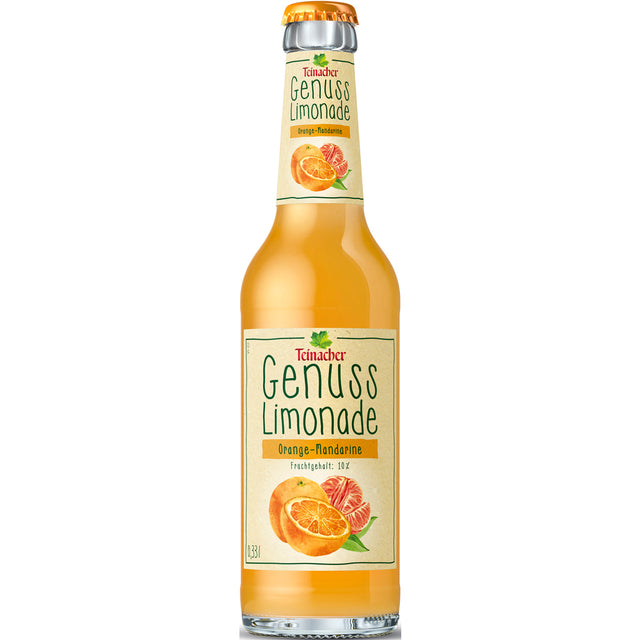 Eine Glasflasche Teinacher Mineralwasser Genuss-Limo Orange-Mandarine (0,33 l) aus dem Schwarzwald, die im 12er-Pack verkauft wird und auf deren Etikett leuchtende Früchte abgebildet sind.