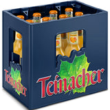 Eine blaue Kiste mit der Aufschrift Teinacher enthält 12 Flaschen Teinacher Genuss-Limo Orange-Mandarine (0,33 l, MEHRWEG) von Teinacher Mineralwasser, eine gelb-orange Flüssigkeit mit orangefarbenem Verschluss.