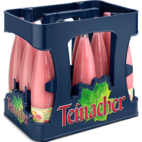 Blaue Kiste mit 12 rosafarbenen Teinacher Genuss-Limo Pink Grapefruit 0,75L Flaschen (Mehrweg), mit dem grünen Blatt-Logo von Teinacher Mineralwasser auf der Seite.