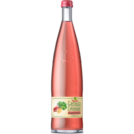 Teinacher Mineralwasser Genuss-Limo Rhabarber-Mirabelle 0,75L in der Glasflasche mit rosafarbenem Getränk und etikettierter Verpackung bietet einen erfrischenden, vom Schwarzwald inspirierten Geschmack. Erhältlich in einer 12x 0,75L Mehrwegkiste.