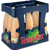 Eine blaue Kiste von Teinacher Mineralwasser enthält zwölf 0,75-Liter-Glasflaschen der Teinacher Genuss-Limonade Grapefruit-Himbeere (MEHRWEG) mit Blatt- und Teinacher-Logo auf der Kiste.