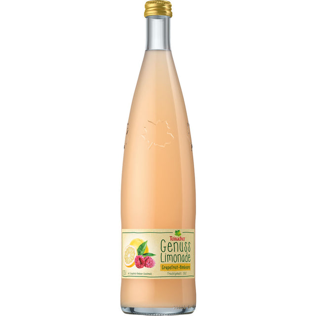 Teinacher Mineralwasser Genuss-Limonade in der Geschmacksrichtung Grapefruit-Himbeere in der 0,75 l Glasflasche mit goldenem Verschluss und lebendiger Fruchtabbildung; erhältlich im 12er-Pack MEHRWEG.
