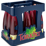 Zwölf Teinacher Genuss-Limonade Kirsch-Zitrone 0,75L Mehrweg-Flaschen von Teinacher Mineralwasser sind in einer blauen Kiste mit "Teinacher" und einer grünen Blattgrafik angeordnet.