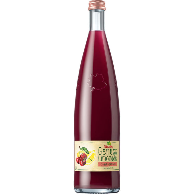 Eine hohe Glasflasche der Genuss-Limonade Kirsch-Zitrone 0,75L (Mehrweg) von Teinacher Mineralwasser, mit leuchtend roter Flüssigkeit und einem Etikett mit Kirschen und einer Zitronenscheibe. Erhältlich im 12er-Pack.