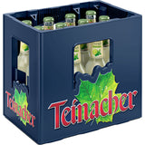 Ein blauer Teinacher Mineralwasserkasten fasst 12 Glasflaschen (0,33 l) Genuss-Limonade Limette-Minze-erfrischender Zitronen-Minze-Geschmack, perfekt für den Genuss von Premium-Limonade.