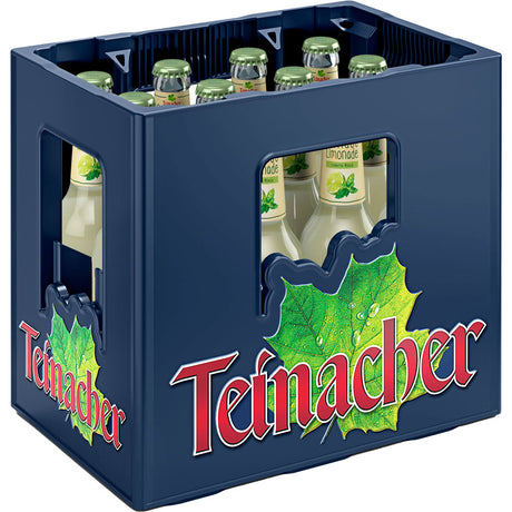 Ein blauer Teinacher Mineralwasserkasten fasst 12 Glasflaschen (0,33 l) Genuss-Limonade Limette-Minze-erfrischender Zitronen-Minze-Geschmack, perfekt für den Genuss von Premium-Limonade.