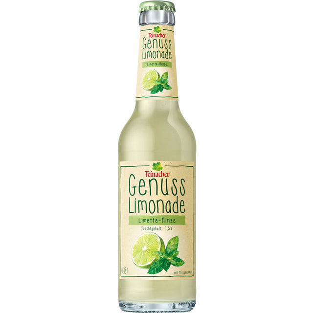 Eine Klarglasflasche Teinacher Mineralwasser Genuss-Limonade Limette-Minze, 0,33L Mehrweg, mit Limetten- und Minzblättern auf dem Etikett sorgt für einen erfrischend natürlichen Geschmack. Das Set enthält 12 Flaschen.