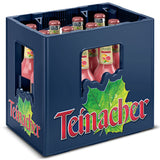Eine blaue Kiste mit Teinacher Mineralwasser Genuss-Limonade Pink Grapefruit 12x0,33L (MEHRWEG) Flaschen mit rosa Etiketten, grüner Blattgrafik und hergestellt mit natürlichem Mineralwasser.