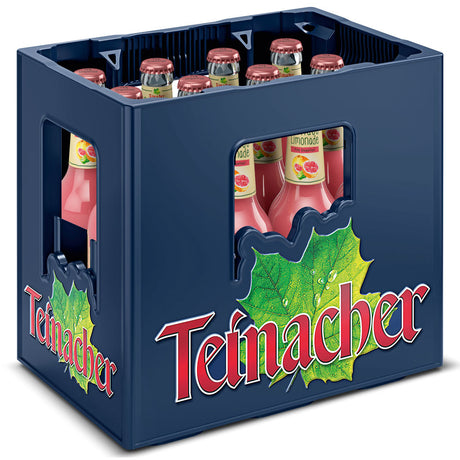 Eine blaue Kiste mit Teinacher Mineralwasser Genuss-Limonade Pink Grapefruit 12x0,33L (MEHRWEG) Flaschen mit rosa Etiketten, grüner Blattgrafik und hergestellt mit natürlichem Mineralwasser.