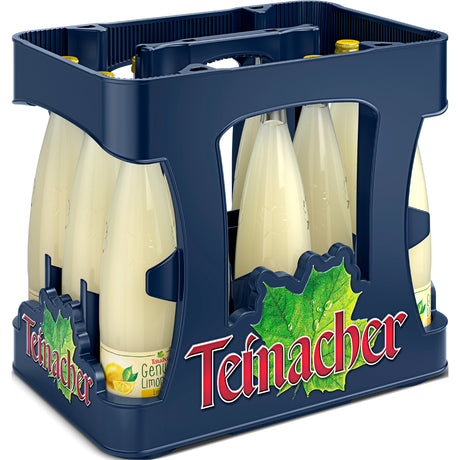 Eine blaue Kiste mit der Aufschrift Teinacher Mineralwasser enthält zwölf 0,75-Liter-Glasflaschen der Teinacher Genuss-Limonade Zitrone (Mehrweg).