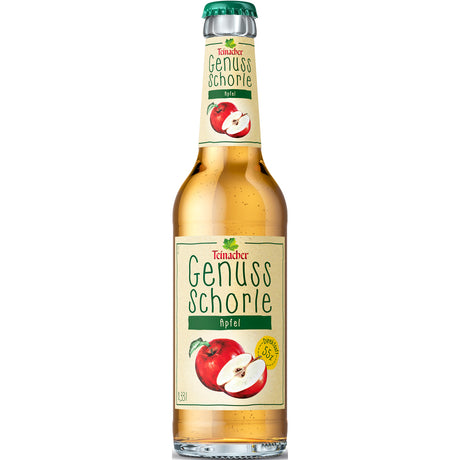 Die 0,33l-Glasflasche Teinacher Genuss-Schorle Apfel von Teinacher Mineralwasser, hergestellt mit Direktsaft, ziert ein Etikett mit geschnittenen Äpfeln. Erhältlich im 12er-Pack (MEHRWEG).