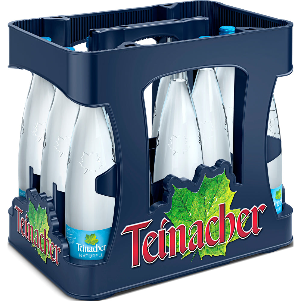 Eine blaue Kiste enthält zwölf 0,75-Liter-Flaschen Teinacher Mineralwasser Genussflasche Naturell (Mehrweg), die jeweils mit dem von den Schwarzwaldquellen inspirierten grünen Blatt-Logo versehen sind.