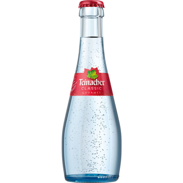 Teinacher Gourmet Classic 20x 0,25 Liter (MEHRWEG) von Teinacher Mineralwasser ist ein prickelndes Wasser in klaren Glasflaschen mit roten Etiketten und Verschlüssen, das viel Kohlensäure für ein erfrischendes Mineralwassererlebnis bietet.