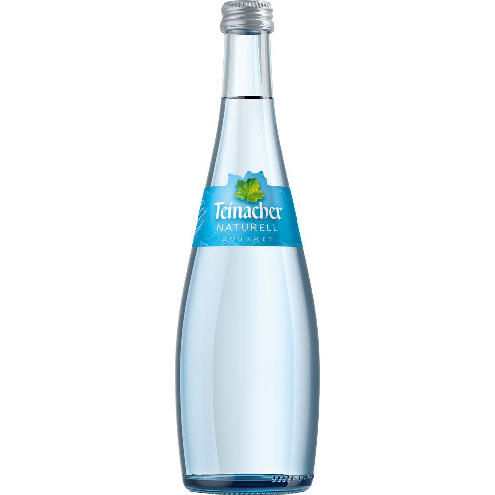 Teinacher Gourmet Naturell 15x0,5L (MEHRWEG) von Teinacher Mineralwasser - natürliches Mineralwasser aus dem Schwarzwald in umweltfreundlicher Mehrweg-Glasflasche mit blauem Etikett und silbernem Deckel.