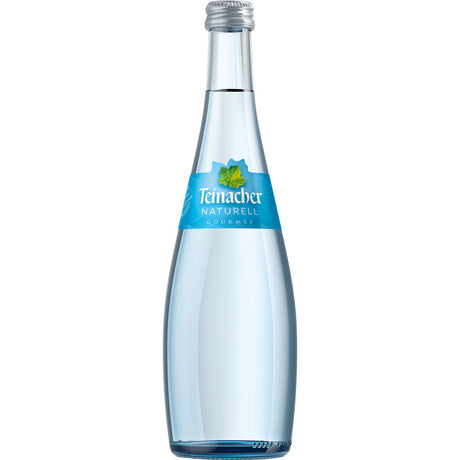 Teinacher Gourmet Naturell 15x0,5L (MEHRWEG) von Teinacher Mineralwasser - natürliches Mineralwasser aus dem Schwarzwald in umweltfreundlicher Mehrweg-Glasflasche mit blauem Etikett und silbernem Deckel.