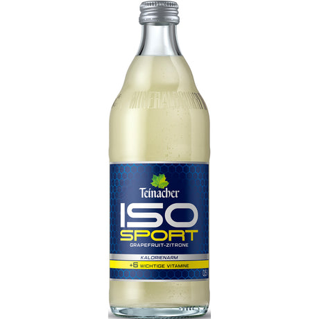 Teinacher Mineralwasser ISO Grape-Zitrone 0,5L Mehrweg in einer Glasflasche mit blau-gelbem Etikett, abgebildet auf weißem Hintergrund (12er Pack).