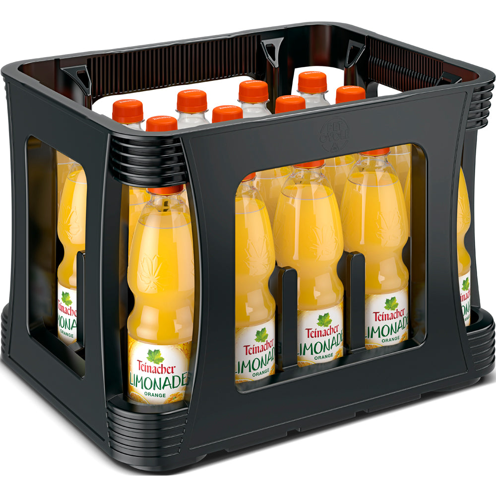Eine schwarze Kiste mit zwanzig 0,5-Liter-Flaschen Teinacher Limo Orange PET von Teinacher Mineralwasser, jeweils mit orangefarbenem Verschluss und natürlichem Orangengeschmack aus dem Schwarzwald.