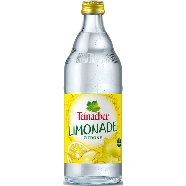 Teinacher Limo Zitrone 12x 0,5 Liter (MEHRWEG) von Teinacher Mineralwasser überzeugt als erfrischende Zitronenlimonade mit natürlichem Mineralwasser in klaren Glasflaschen mit gelbem Etikett und Zitronenmotiven.