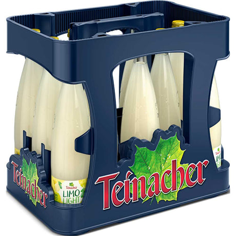 Eine blaue Kiste Teinacher Mineralwasser Limo Light Zitrone, 12x0,75L Mehrwegflaschen - erfrischender Zitronengeschmack aus dem Schwarzwald, ideal für kalorienbewussten Genuss.