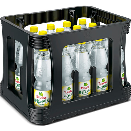 Eine schwarze Kiste mit zwanzig 0,5-Liter-Flaschen Teinacher Limo Zitrone PET (MEHRWEG) von Teinacher Mineralwasser - erfrischende Limonade aus dem Schwarzwald.