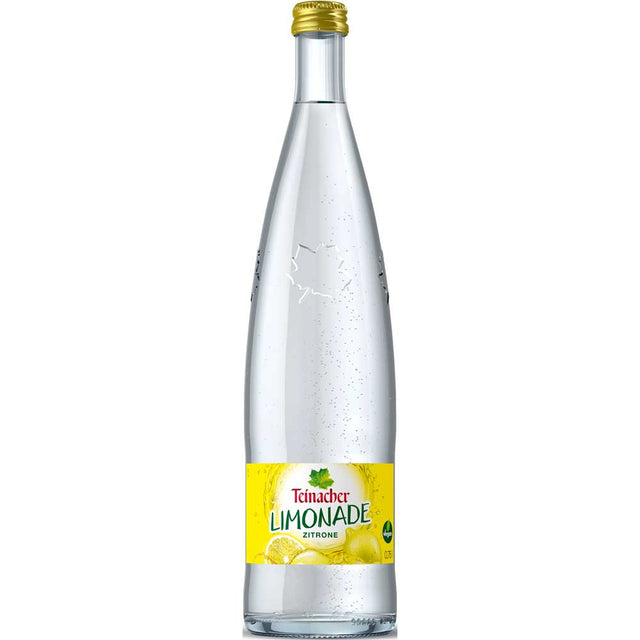 Eine transparente Flasche Teinacher Limonade Zitrone 0,75L (MEHRWEG) von Teinacher Mineralwasser mit zitronengelbem Etikett und goldenem Verschluss, hergestellt mit natürlichem Mineralwasser aus dem Schwarzwald.