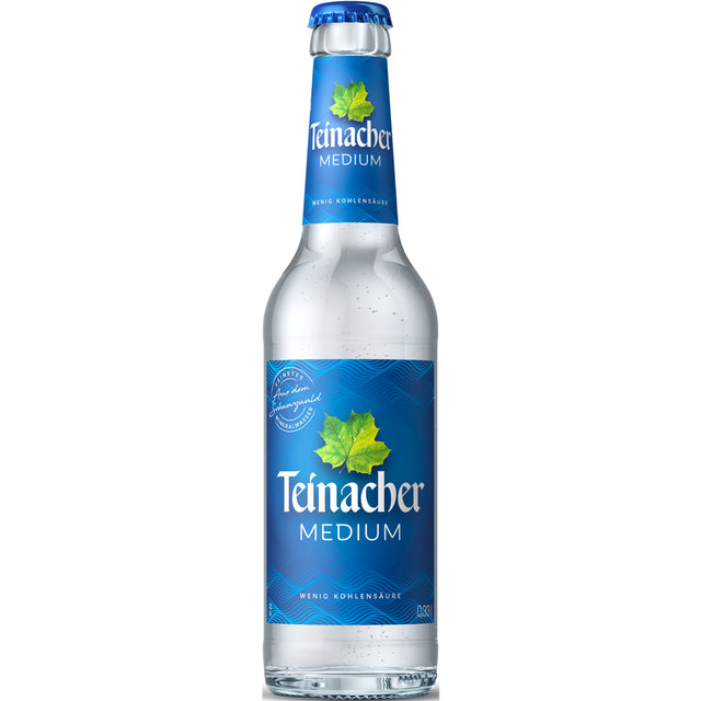 Das Teinacher Mineralwasser Medium 12x 0,33 Liter (MEHRWEG) in der Klarglasflasche mit blauem Etikett und Verschluss bietet einen erfrischenden Geschmack mit mittlerer Kohlensäure.