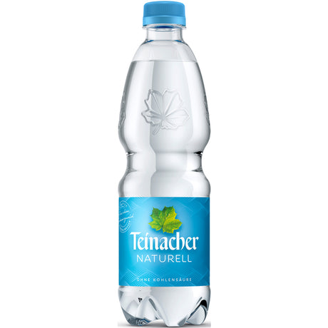 Teinacher Mineralwasser Naturell stilles Wasser in der klaren 0,5 l PET-Flasche mit blauem Verschluss und grünem Blattetikett; Packung mit 20 Einwegflaschen.