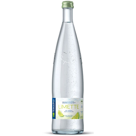 Die Klarglasflasche Teinacher Mineralwasser + Limette 0,75L (MEHRWEG) besticht durch prickelndes Limettenwasser, sichtbare Bläschen, einen grünen Verschluss und erfrischendes Limettenaroma aus hochwertigem Schwarzwald-Mineralwasser.