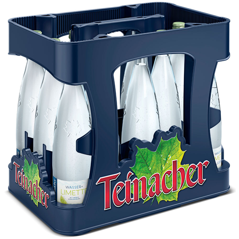 Eine blaue Kiste enthält 12 x 0,75 l Flaschen Teinacher Mineralwasser Wasser + Limette (Mehrweg) mit erfrischendem Limettengeschmack und einem Etikett mit grünen Blättern und Limettenabbildungen.