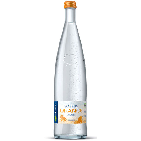 Teinacher Mineralwasser + Orange 12x0,75L (MEHRWEG) zeigt eine hohe Glasflasche mit erfrischendem Mineralwasser mit Orangengeschmack von Teinacher auf weißem Hintergrund.