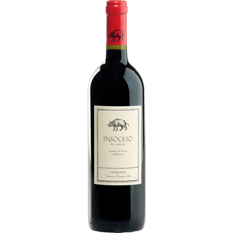 Eine Flasche Tenuta di Biserno Insoglio del Cinghiale Toscana IGT 2023 mit roter Kappe und einem Wildschwein auf dem Etikett verkörpert den Charakter eines guten toskanischen Rotweins.