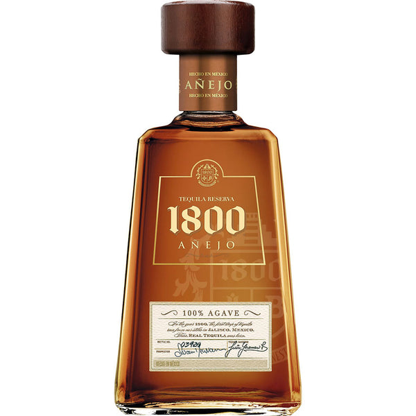 Eine 0,7-Liter-Flasche Tequila 1800 Jose Cuervo Reserva Anejo 38%, ein Super-Premium-Tequila mit braunem Etikett und Holzverschluss.