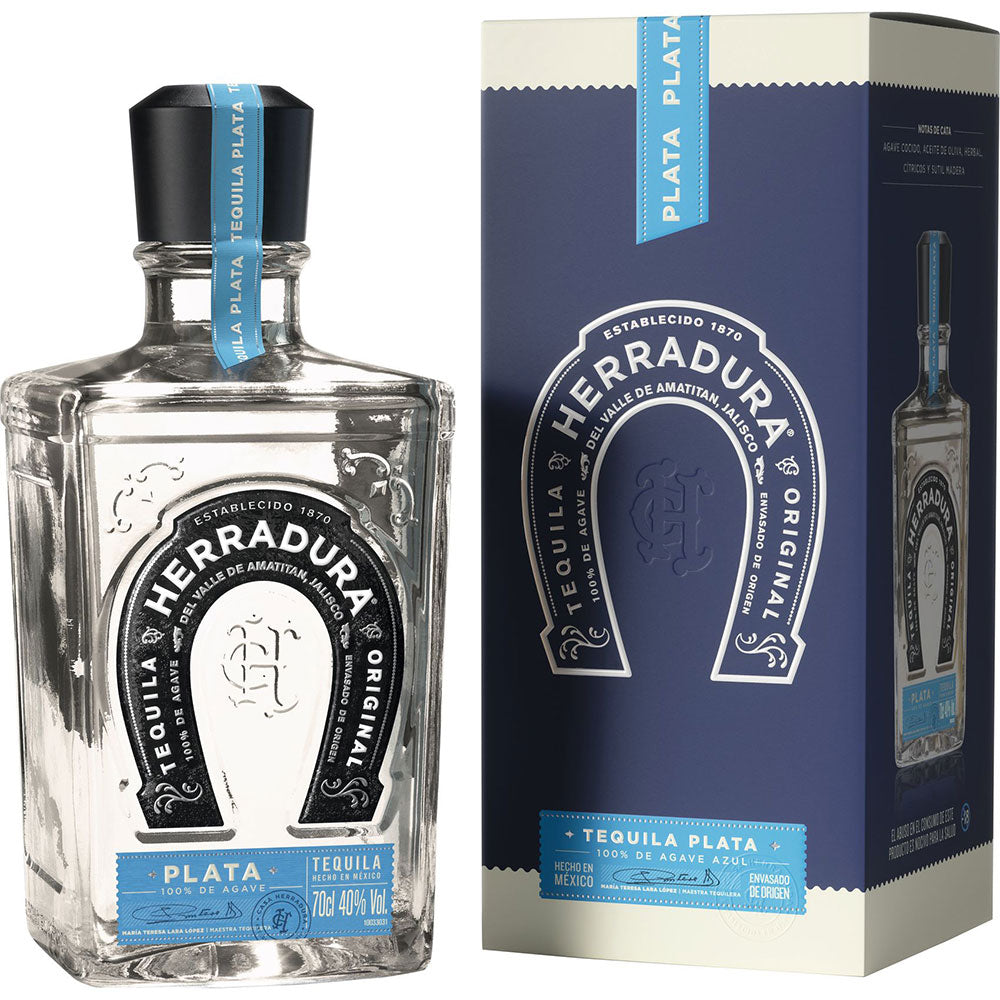 Die Flasche und die Schachtel des Tequila Herradura Blanco Plata 40% 0,7 Liter weisen blaue und silberne Akzente auf, die die Marke Herradura als Premium-Tequila aus 100% blauer Weber-Agave unterstreichen.
