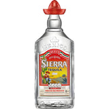 Eine 1-Liter-Flasche Tequila Sierra White 38% von Sierra Tequila, hergestellt aus blauer Weber-Agave, wird mit einem roten Sombrero-Verschluss und einem farbenfrohen Etikett geliefert - genießen Sie authentischen mexikanischen Tequila in jedem Schluck.