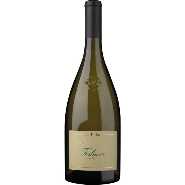 Eine Flasche Kellerei Terlan Terlaner Cuvée DOC 2024, ein bekannter Südtiroler Weißwein der Kellerei Terlan, mit cremefarbenem Etikett und dunkelgrünem Glas.
