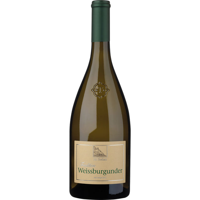 Eine Flasche Kellerei Terlan Tradition Weißburgunder DOC 2024 mit grünem Verschluss und beigem Etikett ist ein Beispiel für die Eleganz des Weißburgunders aus Italien.
