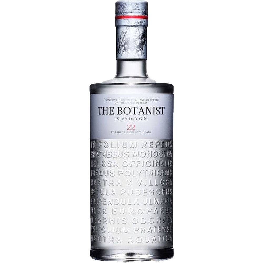 Eine 0,7-Liter-Flasche The Botanist Gin Islay Dry Gin (46%), ein schottischer Premium-Gin mit botanischen Namen, die in die untere Hälfte des Glases eingeprägt sind.