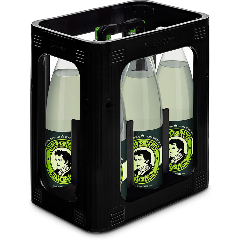 Eine schwarze Kiste mit sechs 1-Liter-Flaschen Thomas Henry Bitter Lemon PET (Mehrweg) - ideal zum Mixen von Longdrinks und Cocktails.