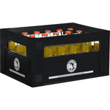 Eine schwarze Kiste mit 24 Flaschen Thomas Henry Mystic Mango Limonade (0,2 l, MEHRWEG), jeweils mit rotem Verschluss und weißem Etikett.